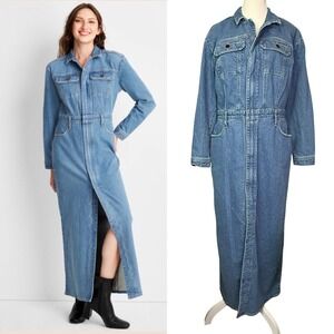 Universal Thread Womens Denim Maxi Dress Long Sleeve Zip Front Blue 12R NWT
